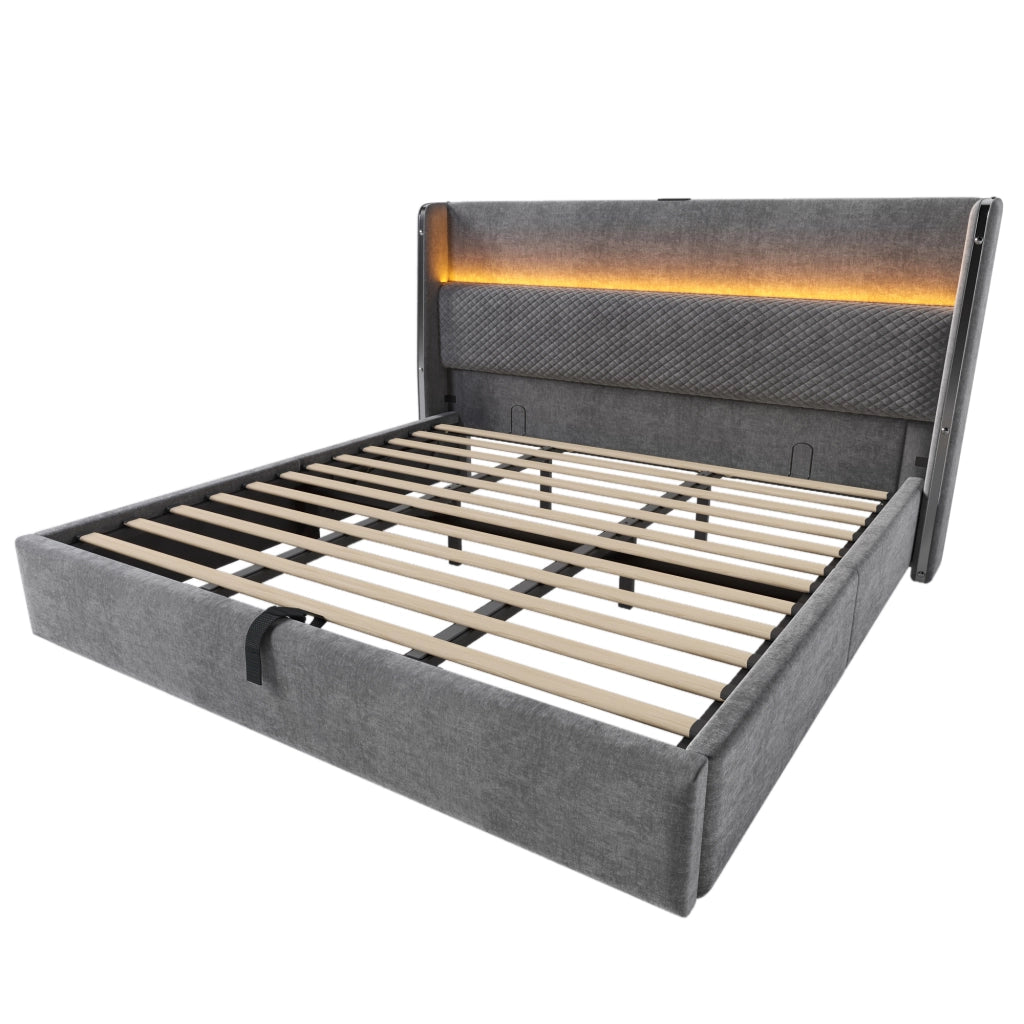 Letto matrimoniale idraulico 180x200 cm con testiera alta, LED, presa USB/Type-C e contenitore, grigio