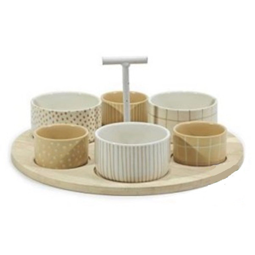 Trade Shop - Set Antipastiera Con 6 Ciotoline Su Vassoio Base In Bamboo ⌀29cm Per Antipasti Snack -