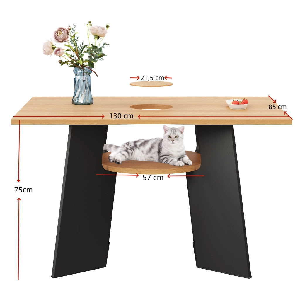 Tavolo da pranzo con area per gatti e ripiano inferiore, piano apribile, per cucina e sala da pranzo, nero e naturale, 130 × 85 × 75 cm