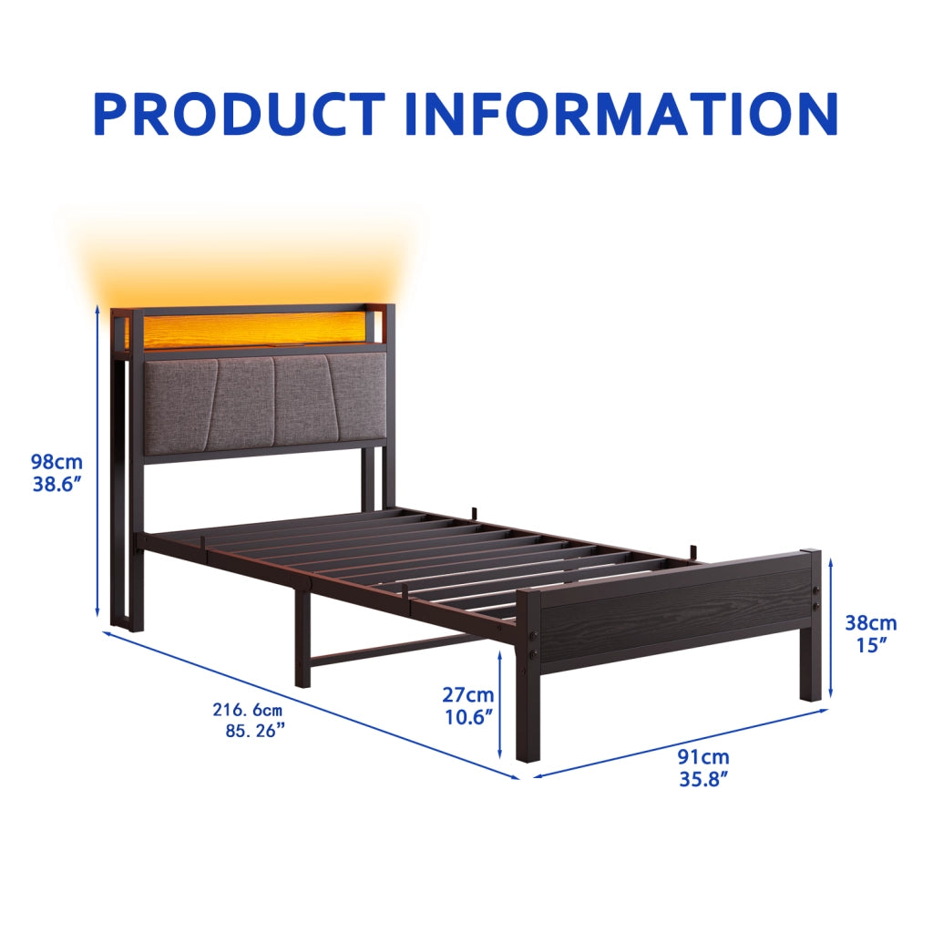 Letto singolo 90×200 cm con LED; testiera contenitore; 2 porte USB e presa; senza materasso; metallo; nero