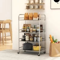 Carrello Multiuso a 4 Livelli con 2 Ripiani Regolabili e Bordi Rialzati, in Acciaio Inox, 60x35x100 cm