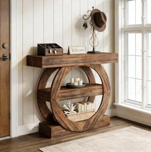 Tavolino consolle ULEVR 105x30x85 cm con 3 ripiani aperti, stile rustico, marrone rustico