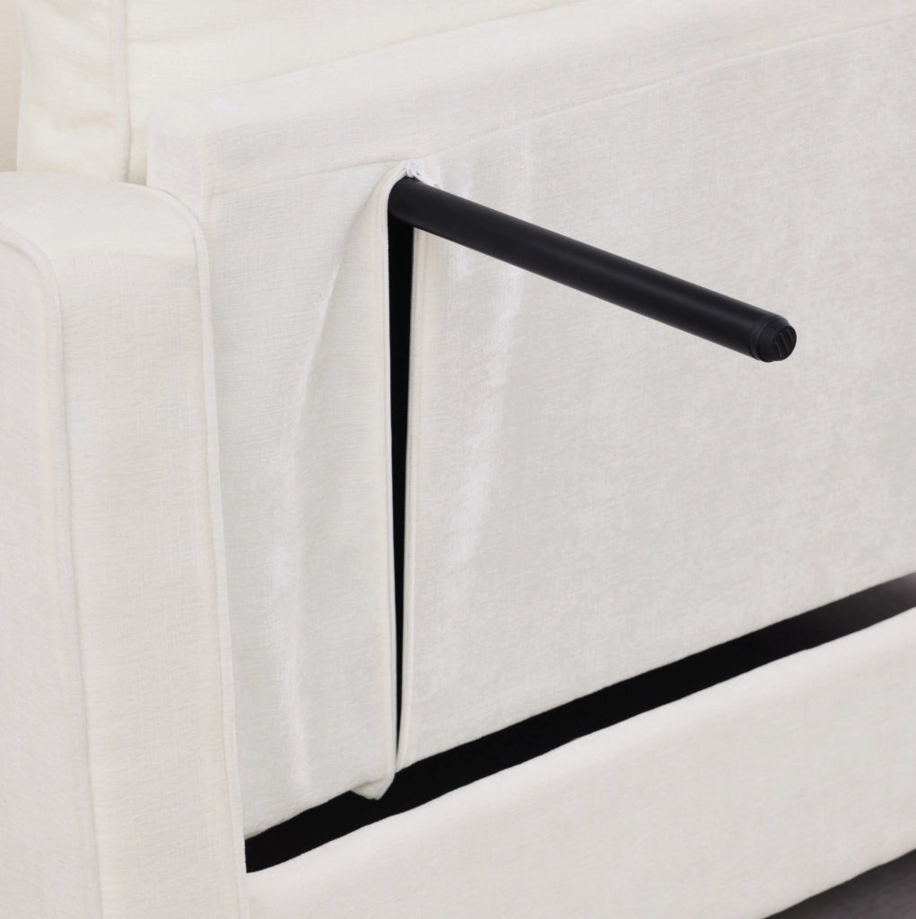 Divano letto 132x129x93 cm 2 in 1 con pouf contenitore in legno di eucalipto beige