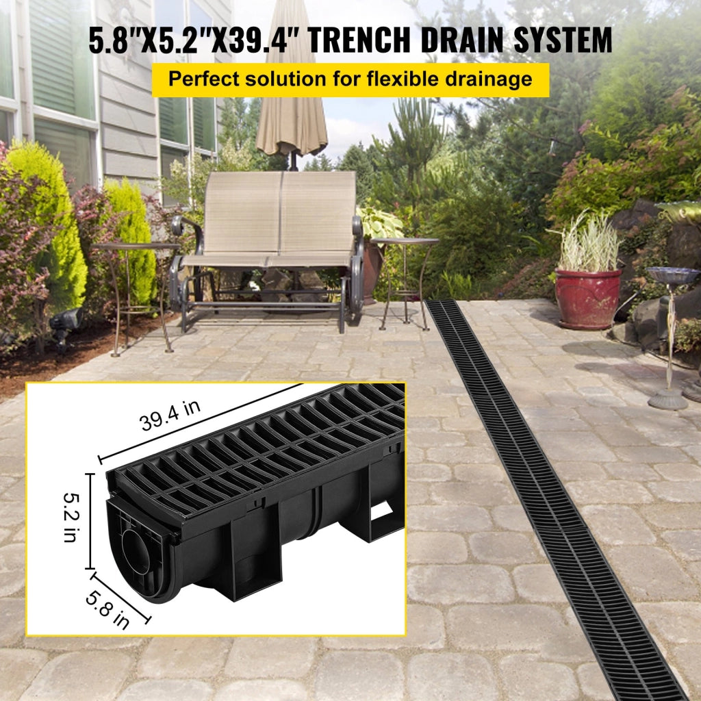 Per giardino e garage: sistema di drenaggio a trincea HDPE nero PSG100*100 15 x 13 x 100 cm, confezione da 3 con griglia rimovibile e 3 tappi