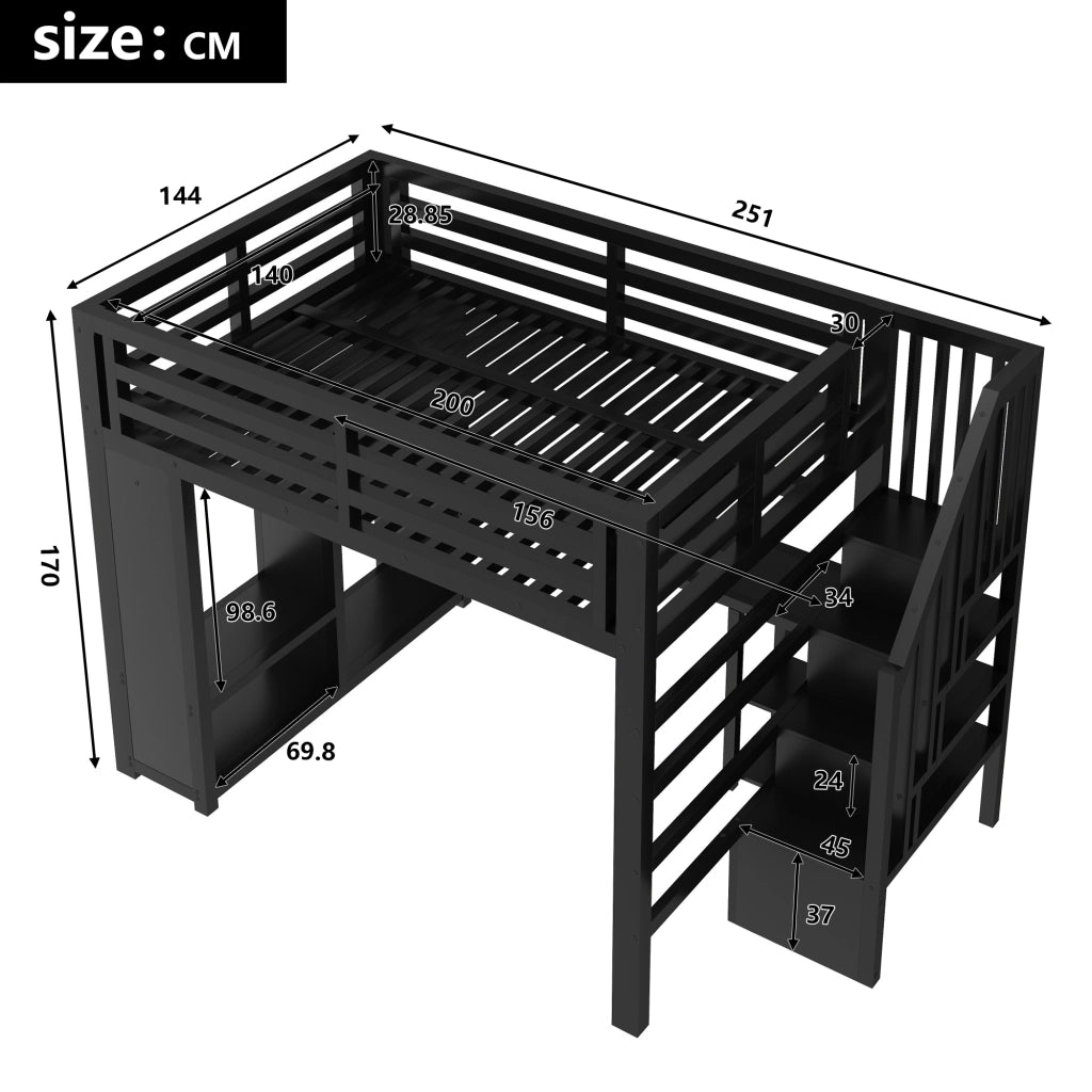 Letto a soppalco gaming 140x200 cm con scrivania; guardaroba aperto; scala contenitore; LED e USB; metallo nero
