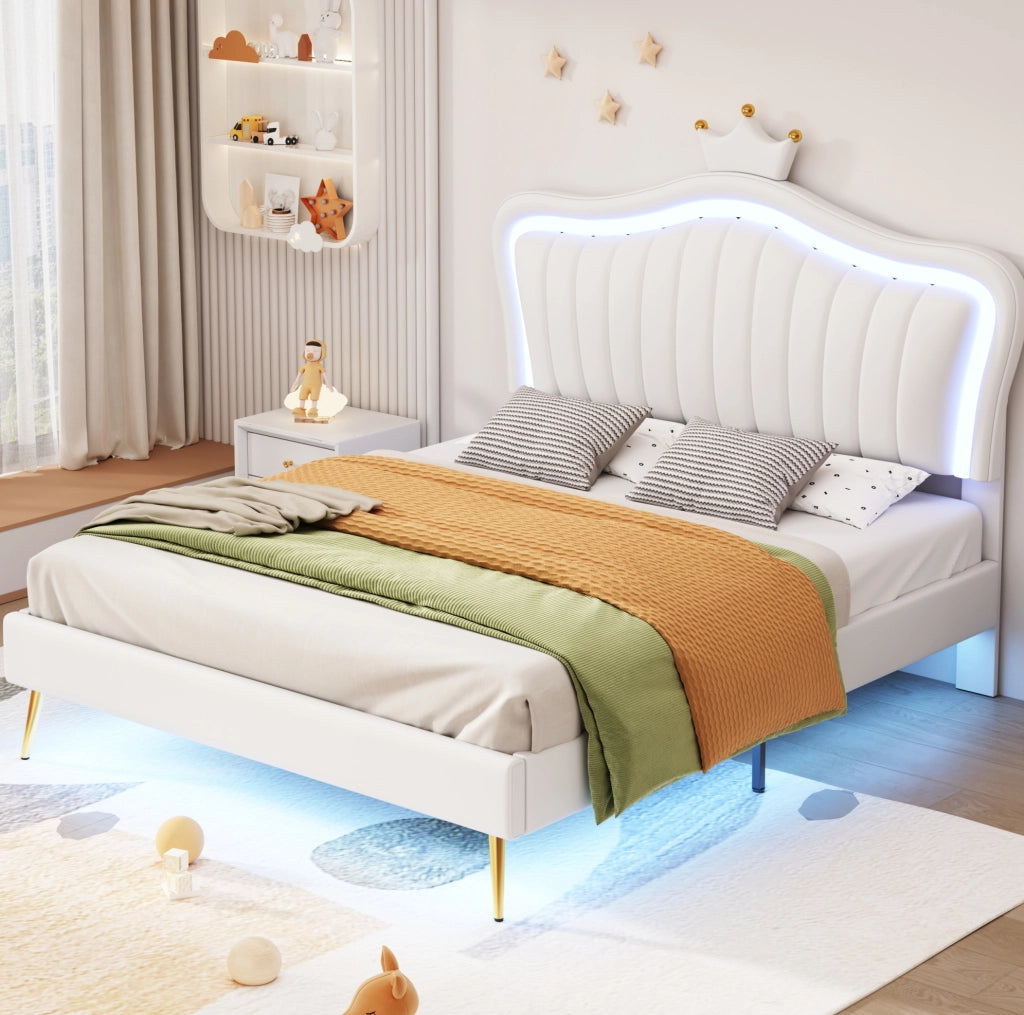 Letto imbottito per bambini 140x200 cm bianco con LED; testiera regolabile e 12 doghe