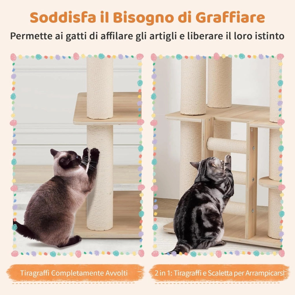 Albero per Gatti Alto 185 cm. Tiragraffi per Gatti in Plywood Solido con Condo, Posto d’Osservazione, Capsula Spaziale, Posti per Graffiare, Scala a 3 Gradini, Mobili per Animali da Interno