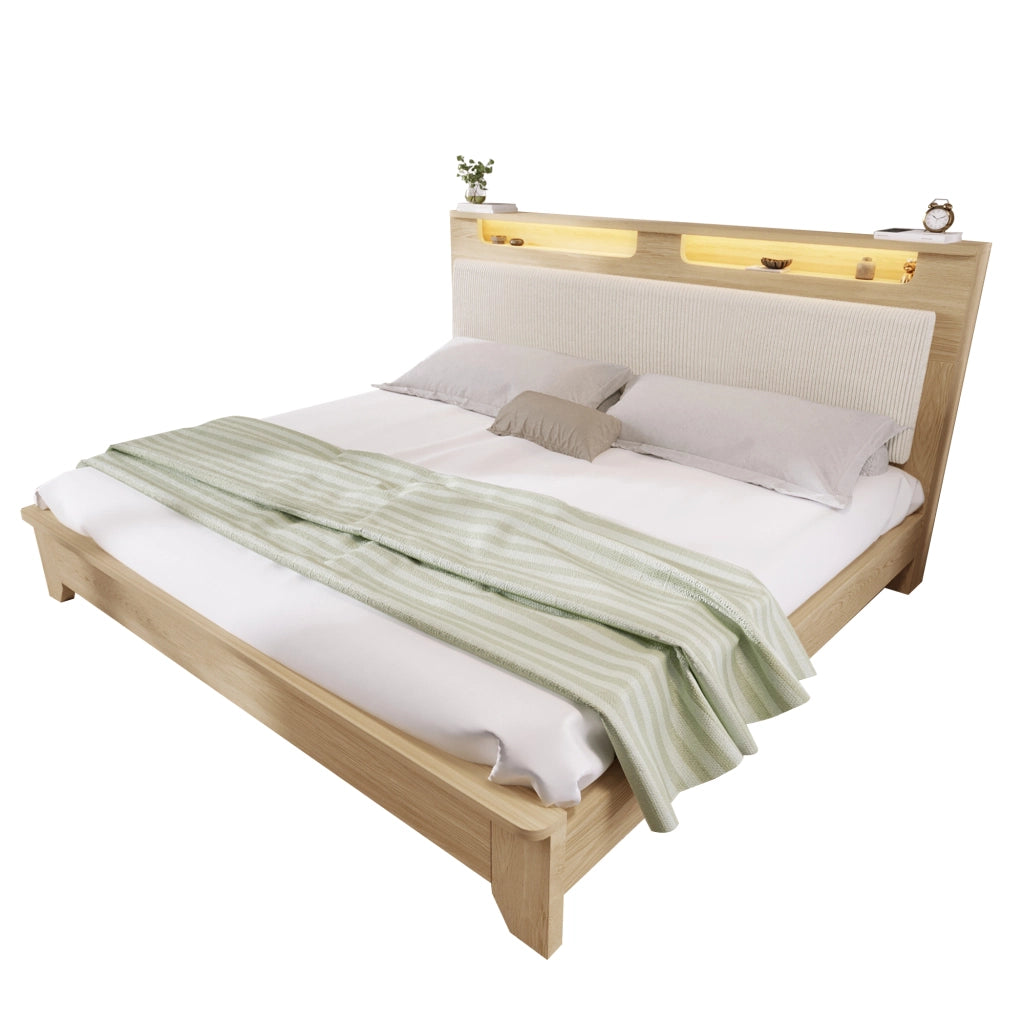 OKWISH Letto Contenitore 140×200 cm, Letto Matrimoniale con Contenitore in Testiera, LED Regolabile e Mensole, senza Materasso, Beige