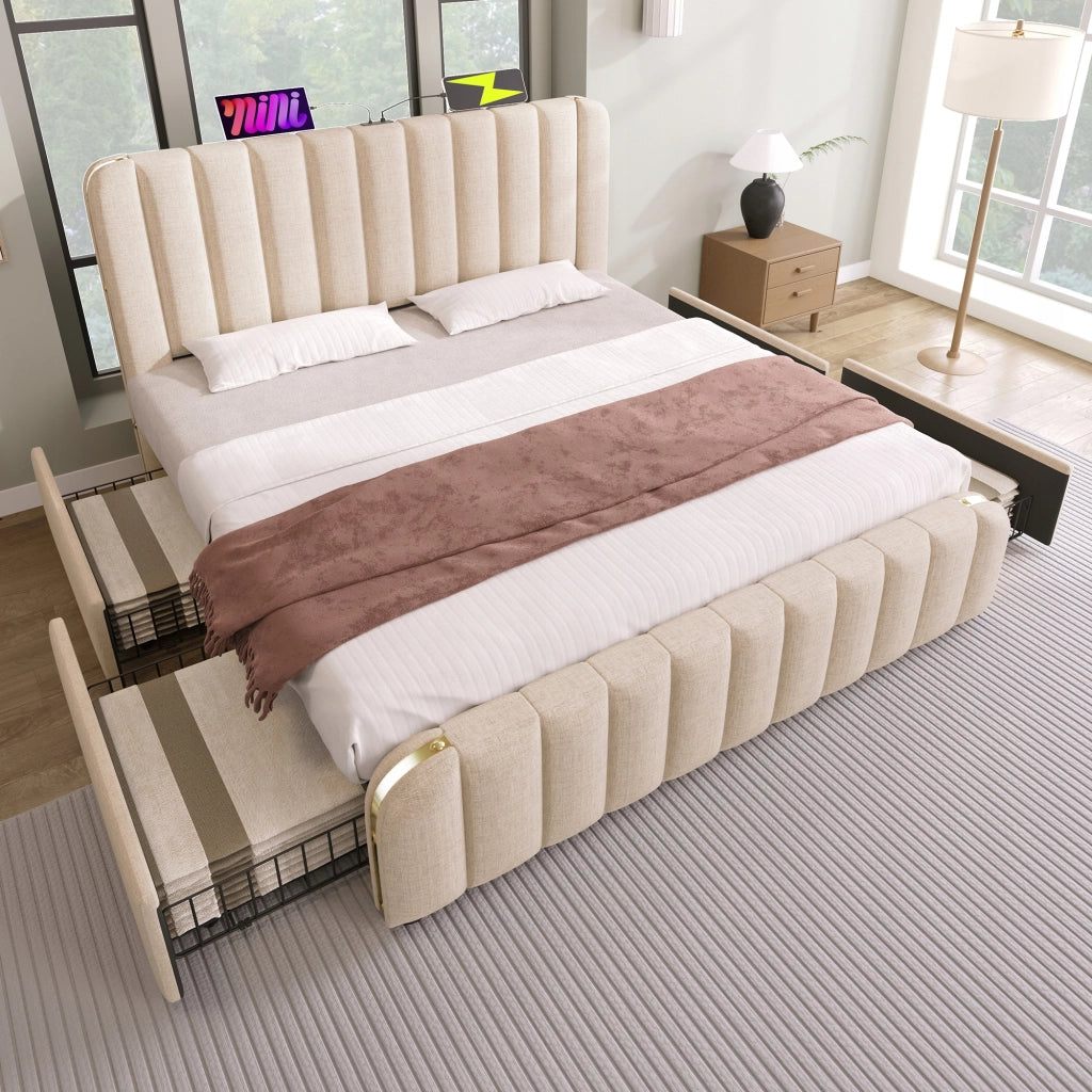 Letto imbottito 180x200 - Xylo - Beige, 4 cassetti, USB-C (con materasso)
