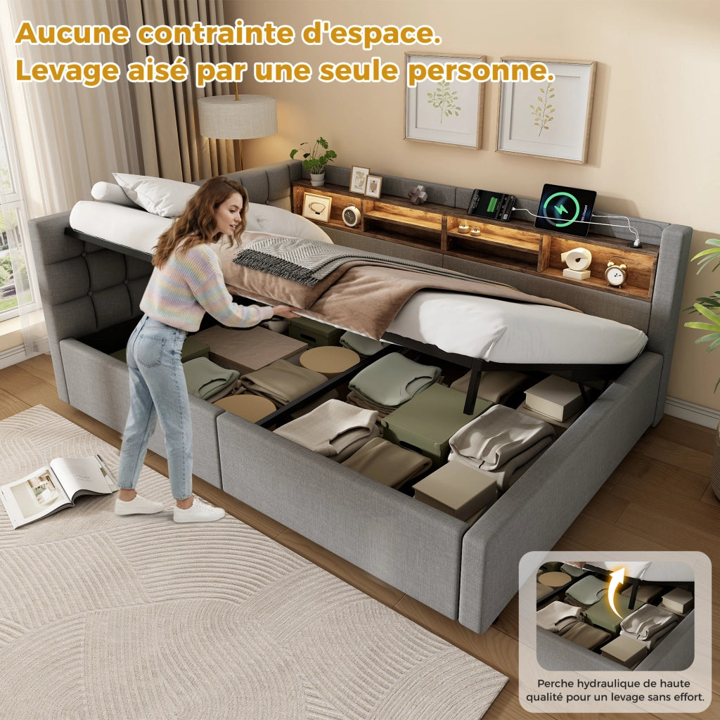 Letto matrimoniale contenitore 140x200 cm con sollevamento idraulico; LED; testiera con ripiano e USB; grigio
