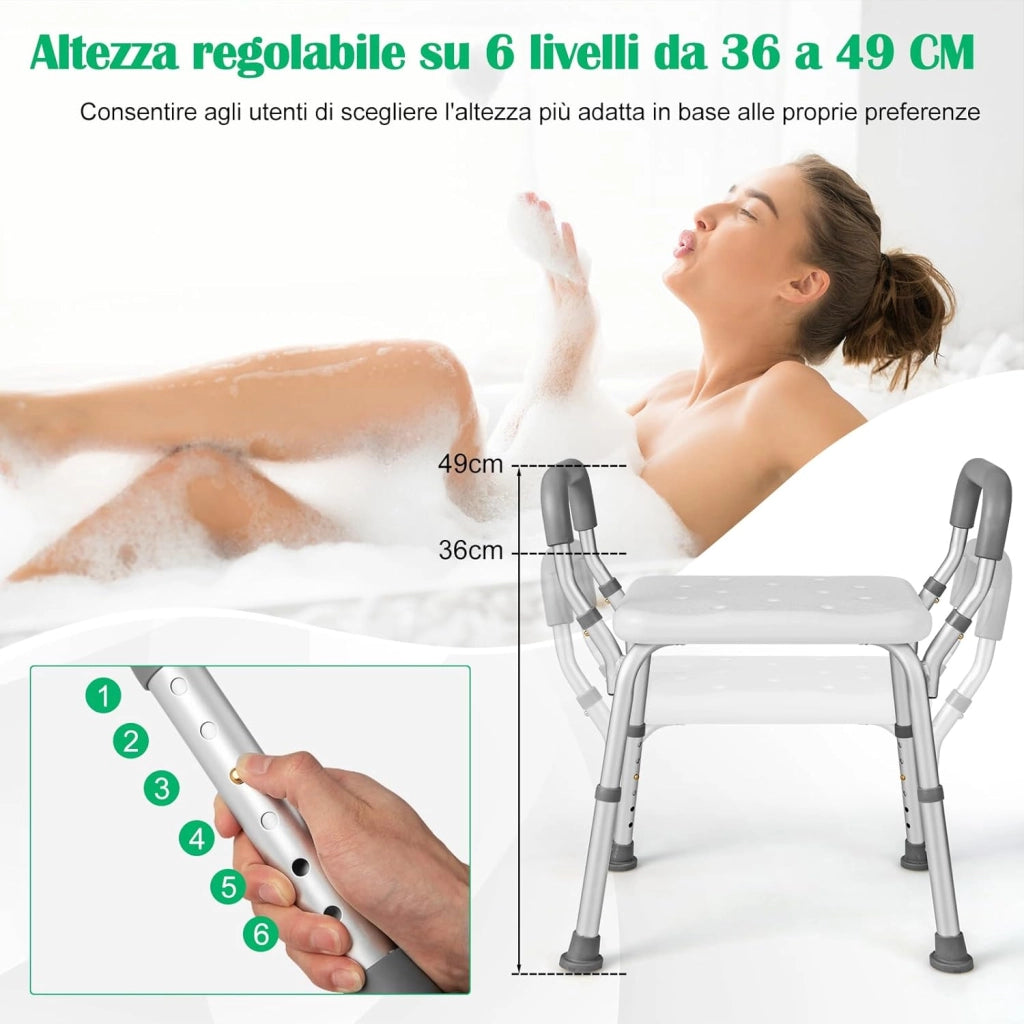Sgabello Doccia, Sedia per Doccia Regolabile in 6 Altezze con Braccioli Imbottiti Staccabili e Piedini in Gomma Antiscivola, Portata 100 kg, Seggiolino da Bagno per Anziani (Blu) (Grigio)