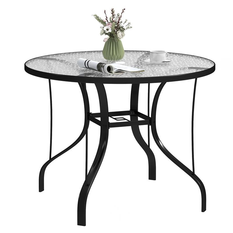 TAVOLINO DA GIARDINO ROTONDO CON FORO PER OMBRELLONE, IN METALLO E VETRO TEMPERATO, Ï96.5X71 CM, NERO