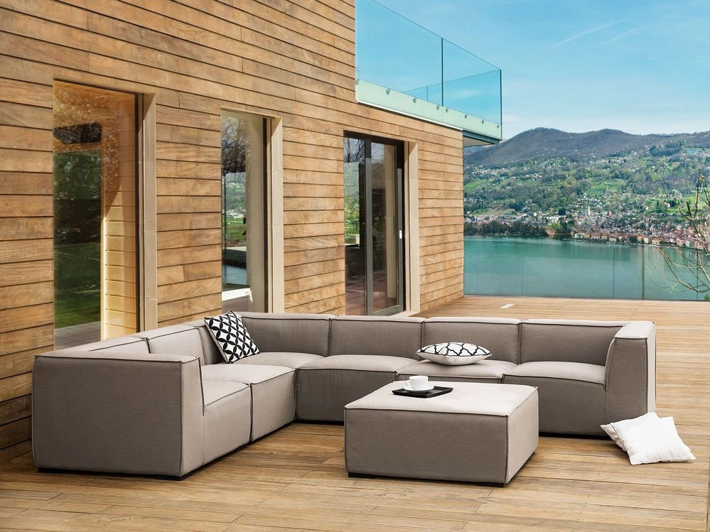 Set divano ad angolo per interni ed esterni Rivestimento in tessuto beige a 7 posti con salotto da giardino ottomana destro