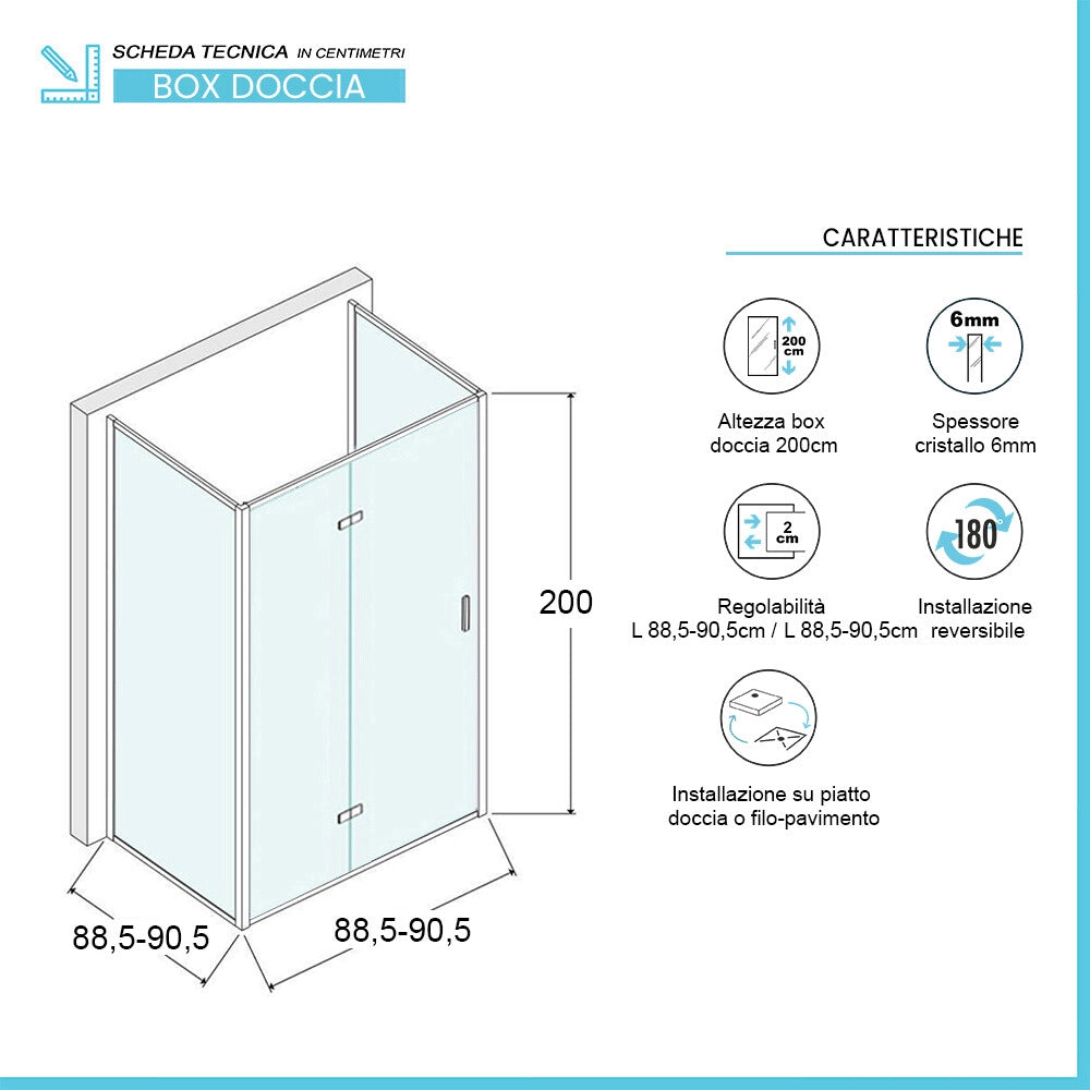 Box doccia 3 lati 90x90x90 doppia porta fissa + soffietto in vetro trasparente Ted