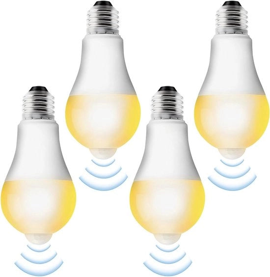 Lampada LED E27 con sensore di movimento - 4 pezzi - sensore di movimento PIR - 15 W - 3000 K - sensore di luce - lampada a basso consumo - garage, balcone, ingresso.