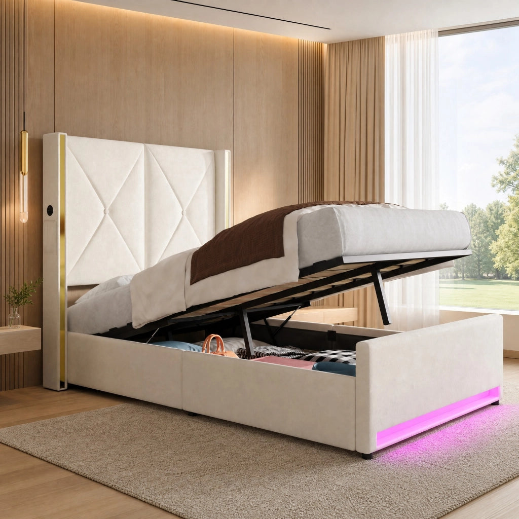 Letto imbottito in velluto beige 90x200 cm con testiera alta, tasche laterali, USB/Type-C, LED e contenitore