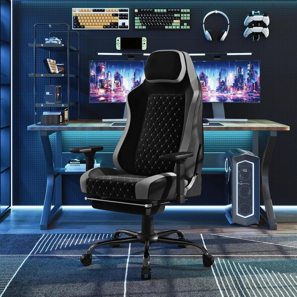 Sedia Gaming, Sedia da Corsa con Spugna Integrata a Lunga Durata e Supporto Lombare Adattivo Incorporato, Velluto, Nero + Grigio, GS05szg