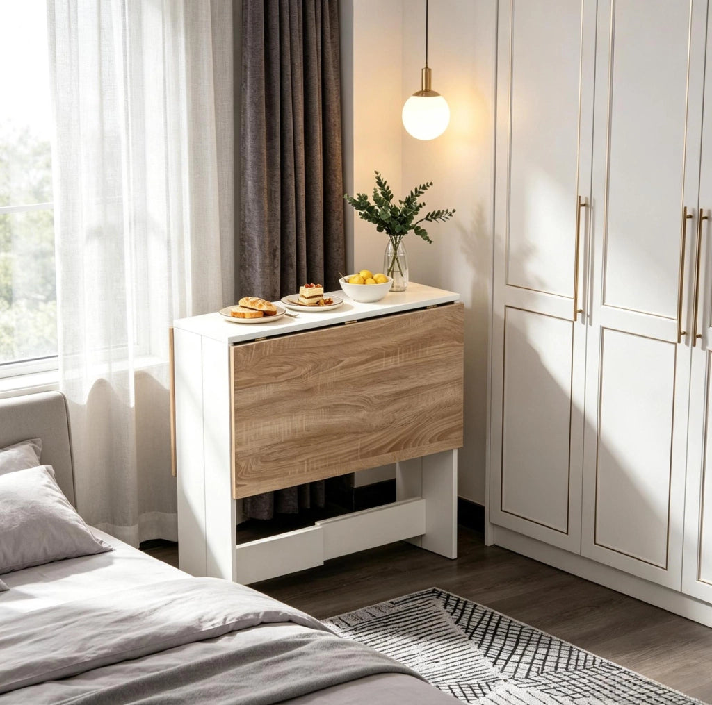 Tavolo pieghevole 103x76 cm rovere e bianco in MDF; con alette
