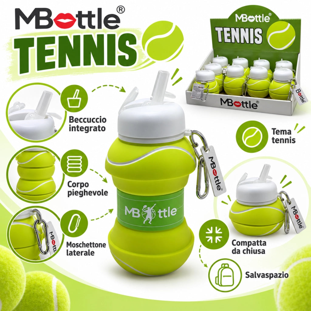 Borraccia Pieghevole Tennis Verde con Moschettone e Beccuccio 530 ml