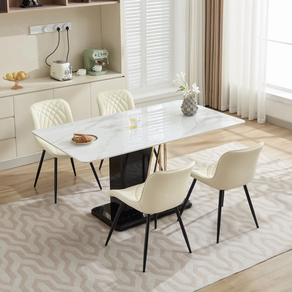 Sedia da pranzo, set da 2, ecopelle, motivo trapuntato 3D, gambe in metallo, bianco crema