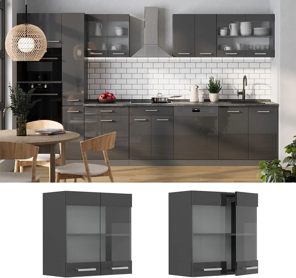 Mobile da cucina in vetro R-Line, Antracite lucido, 60 cm, per la libera combinazione all'interno di sistemi cucina modulari