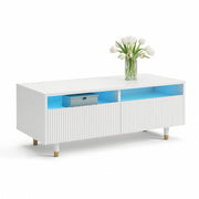 Tavolino 110x50x40 cm in MDF bianco con LED multicolore e 2 cassetti
