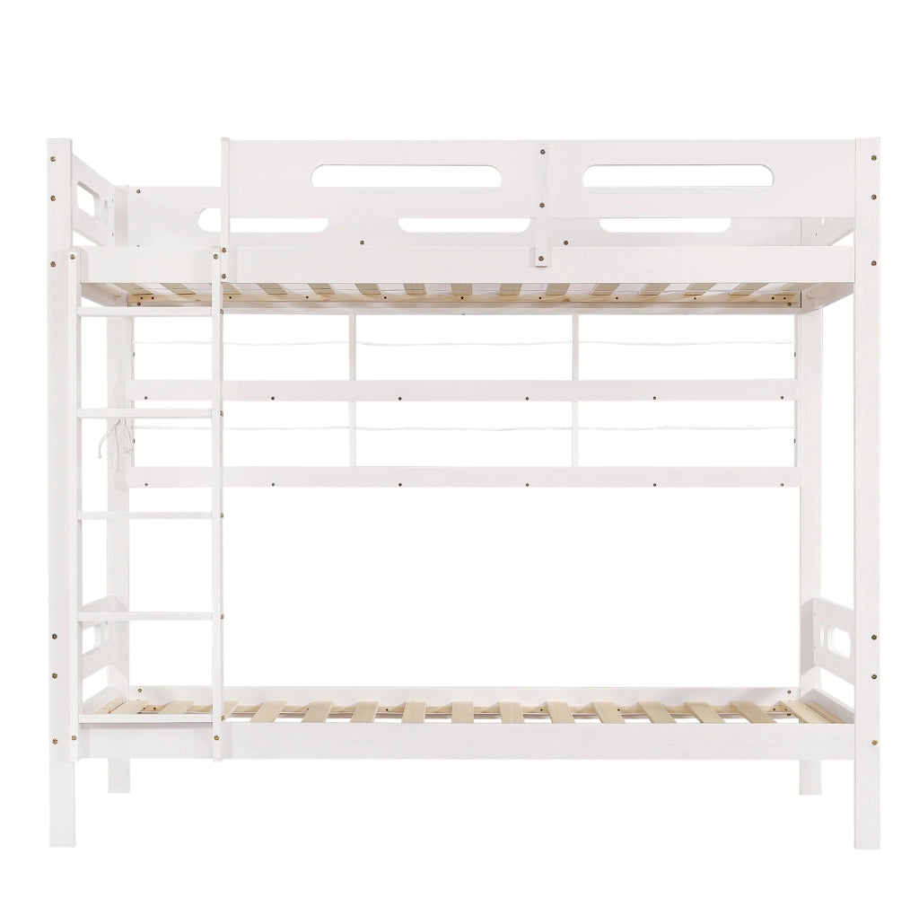 Letto a castello 90x200 cm con libreria aperta e scala a 5 gradini in legno e MDF bianco e naturale