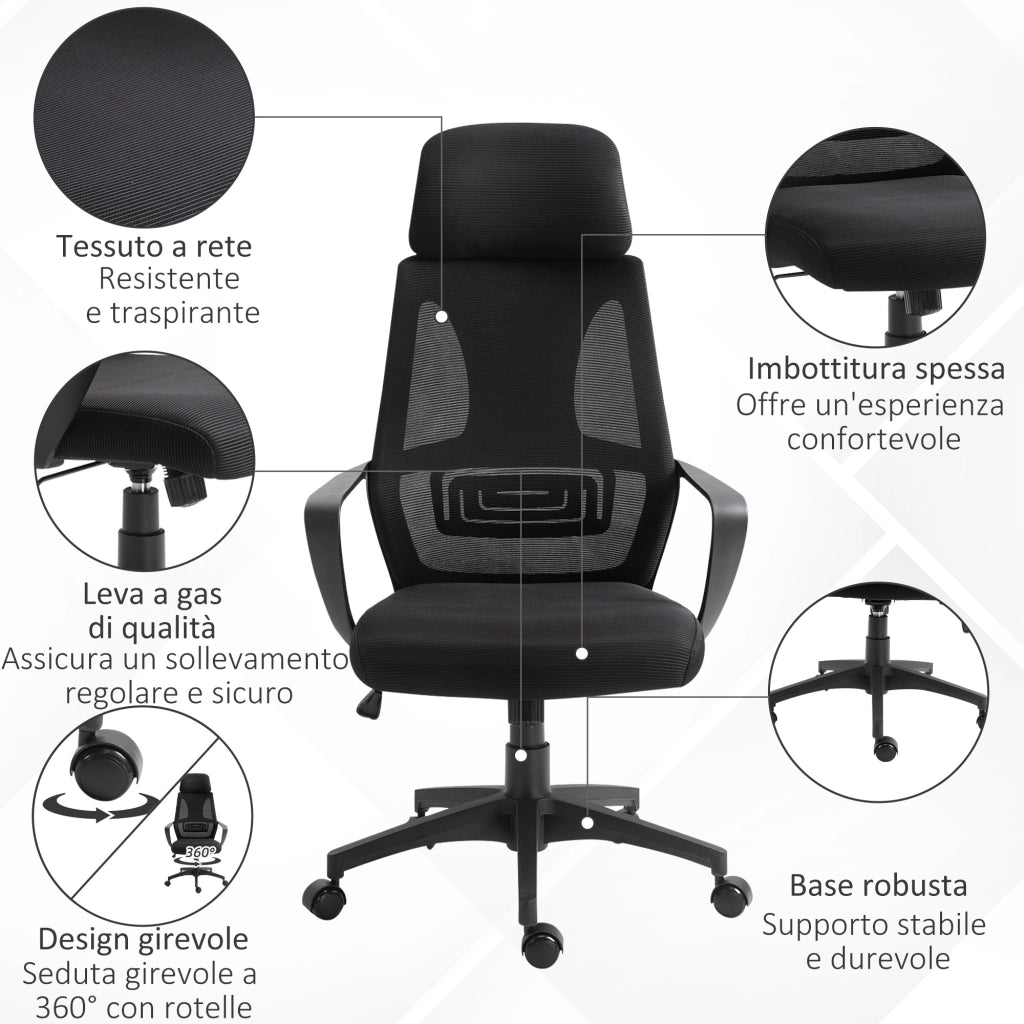 Sedia da Ufficio Reclinabile ¨C Xylo ¨C Nero Poliestere Poggiatesta Supporto Lombare 64x55x116-126 cm