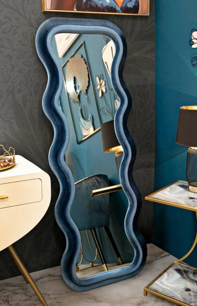 Specchio Allen, Specchiera, Articolo d'arredo a muro, Decorazione con specchio, 60x6 h160 cm, Blu
