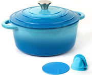 Pentola in ghisa, 2,5 litri, robusta, con coperchio e due maniglie, accessori in silicone inclusi, ideale per stufati, stufati, brasati e cotti, in blu.