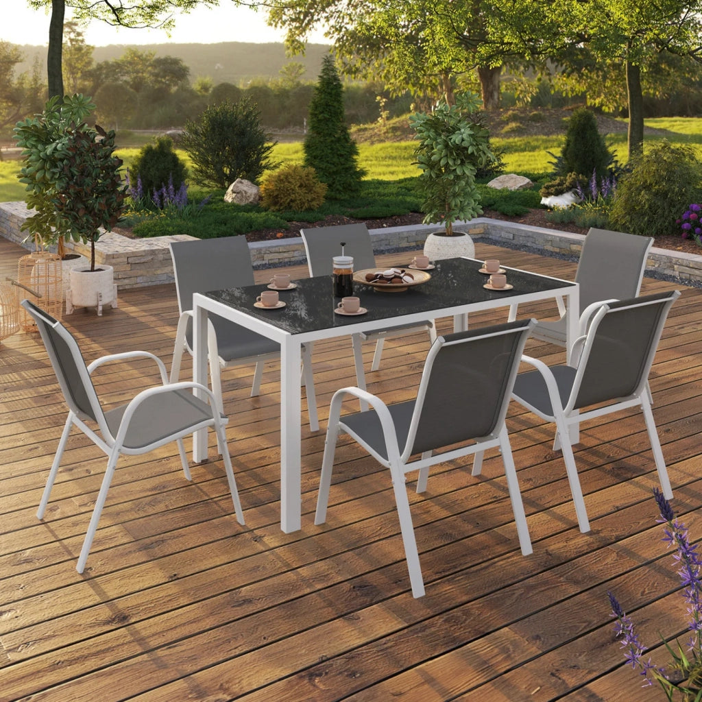 IDMarket - Set di mobili da giardino MADRID tavolo 150 CM e 6 sedie impilabili bianco e grigio