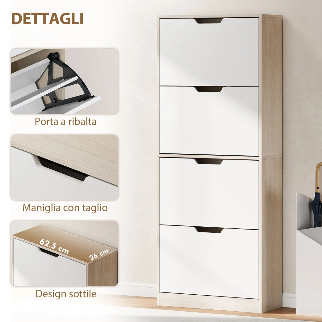 Scarpiera a 4 Cassetti Salvaspazio ¨C zephmum ¨C Legno e Bianco 62.5x26x156 cm