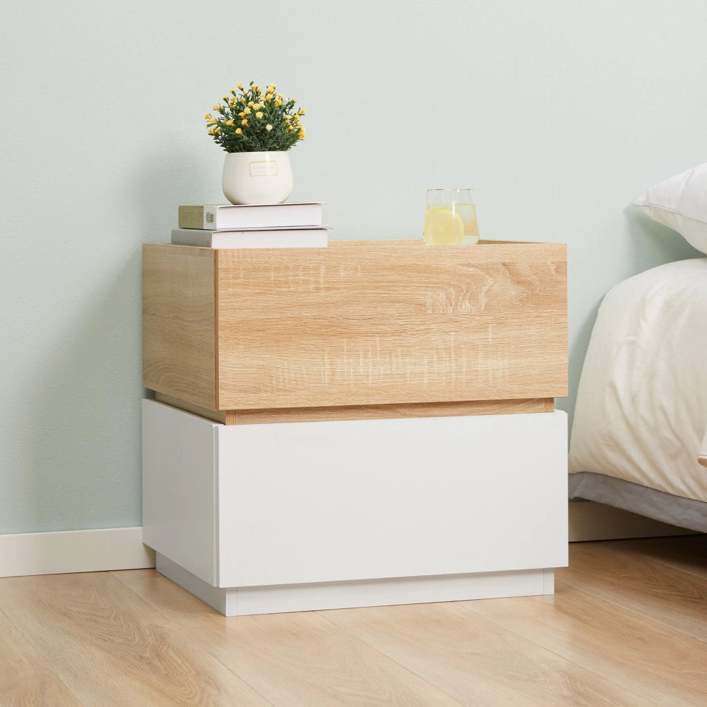 Comodino 2 Cassetti 50x40x47,5 cm Design Moderno Nature Wood e Bianco