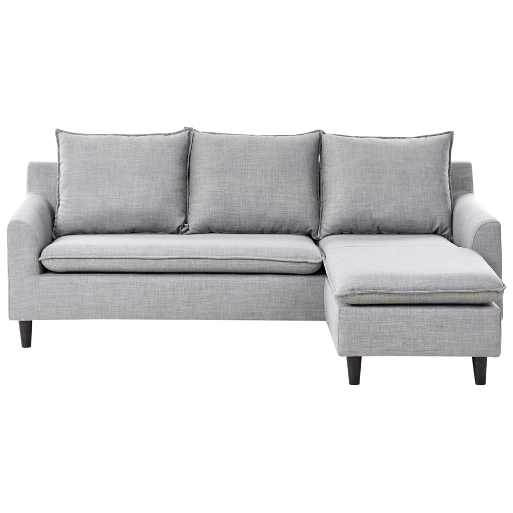 Divano ad angolo Rivestimento in tessuto grigio chiaro Gambe in legno scuro Chaise longue a 3 posti a versione sinistra Cuscino schienale