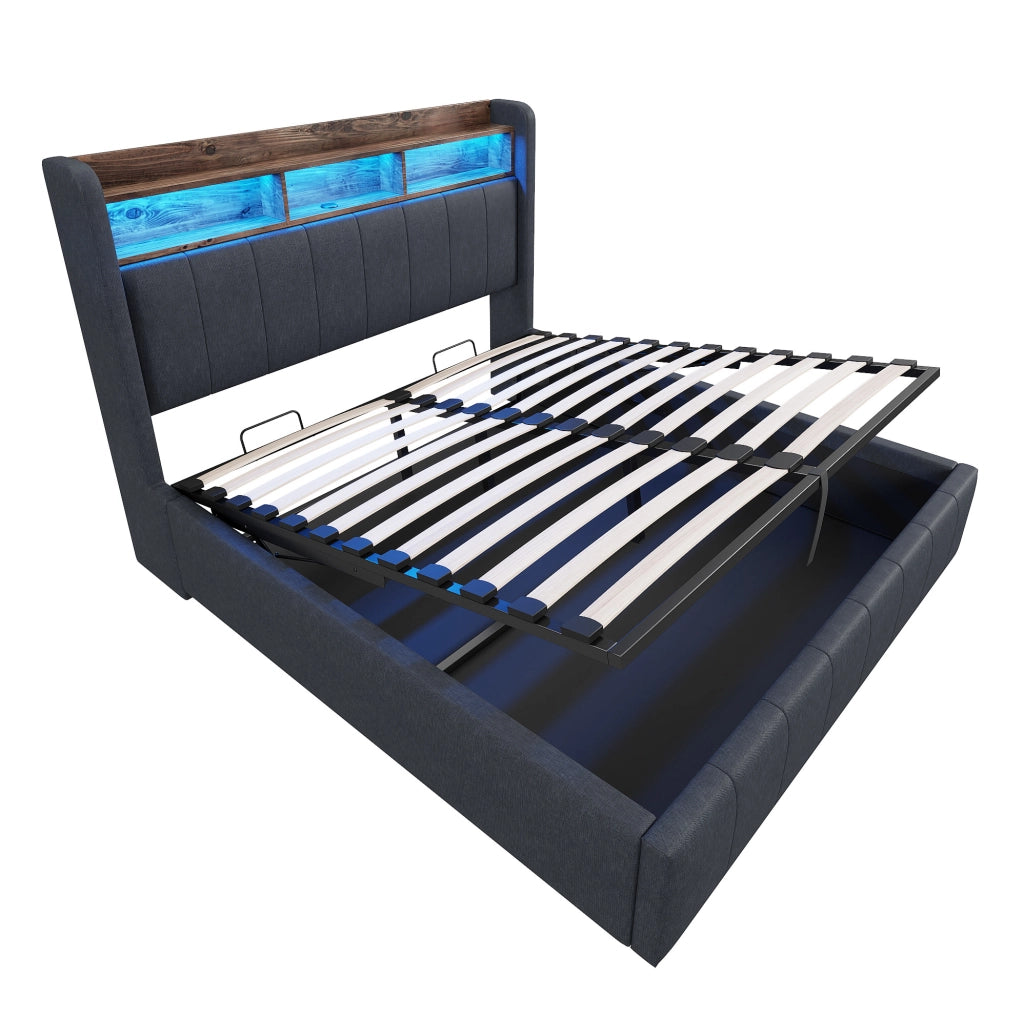 Letto imbottito 140x200 cm grigio con LED; USB e vano contenitore con sollevamento idraulico