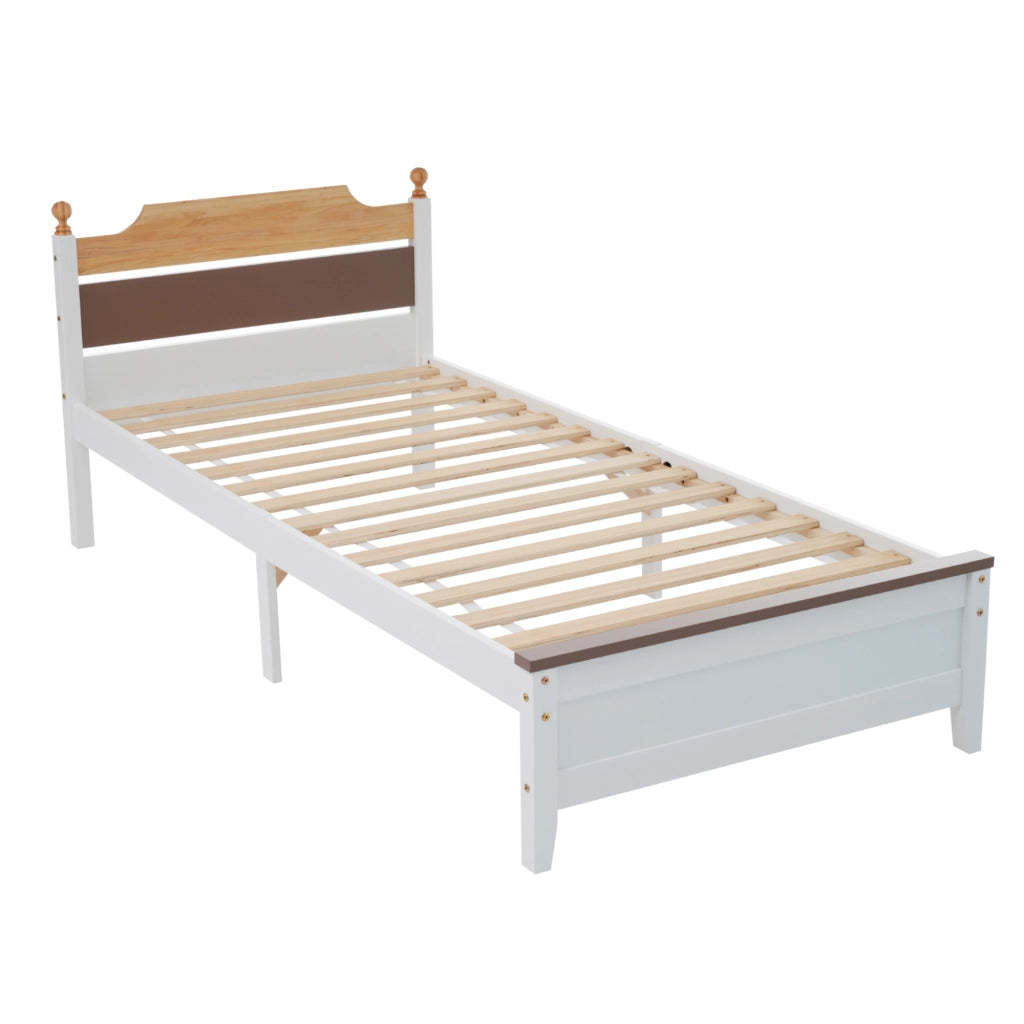 OKWISH Letto Singolo 90×200 cm, con 15 Doghe, Piede Centrale e Testiera a Contrasto, senza Materasso, in Legno Massello e MDF, Bianco