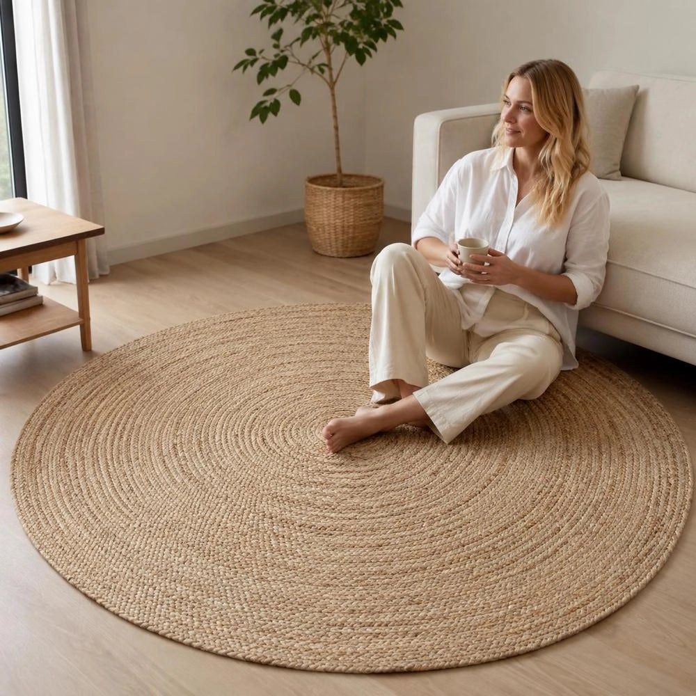 Round Jute Braided Rug 150 Cm, Natural Woven Floor Carpet For Living Room Bedroom Dining Area, Boho Farmhouse Home Decor