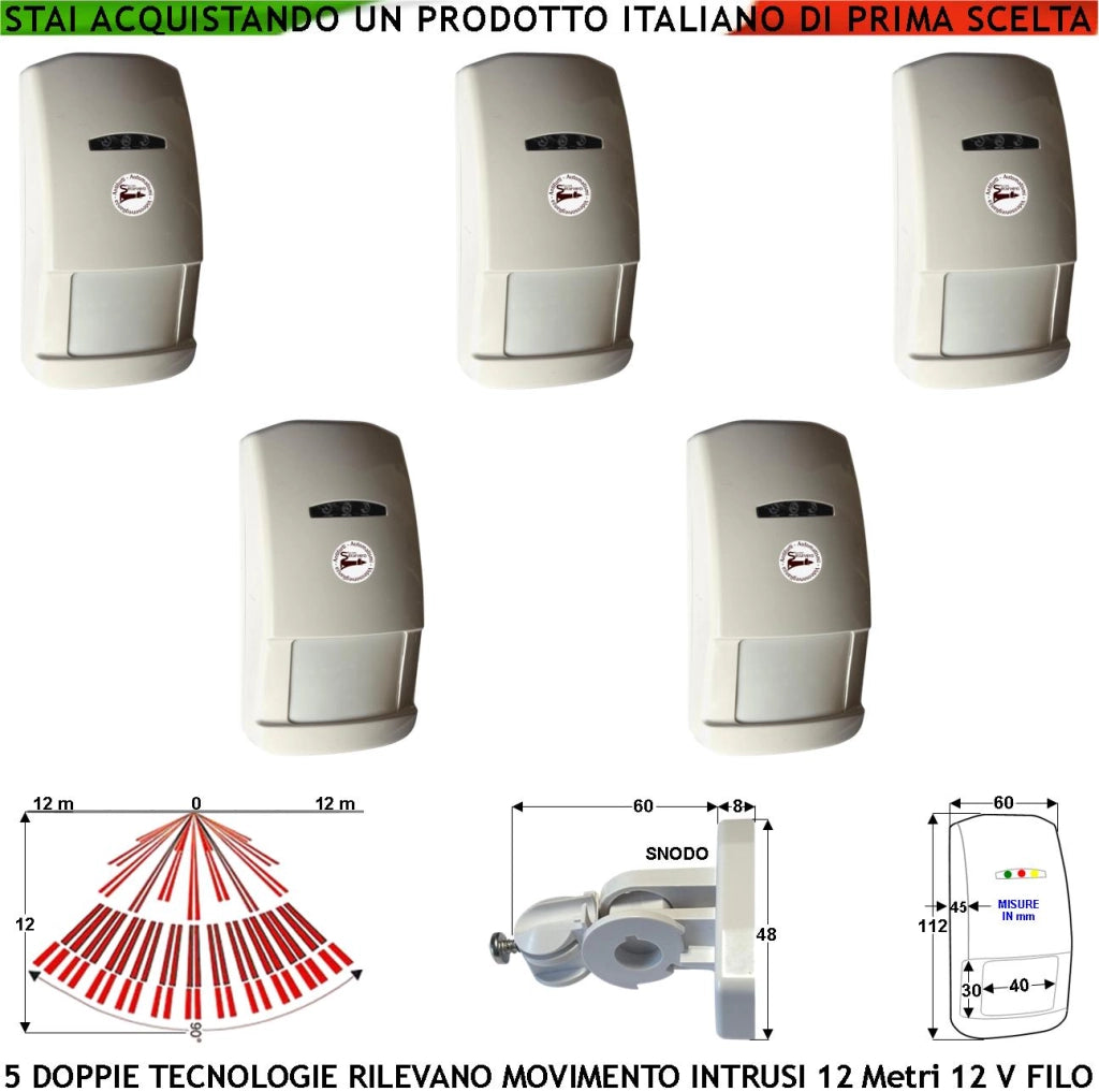 Sensore di Movimento Per Antifurto 5 Doppia Tecnologia Grandangolo Portata 12 MT da Interno Rilevano Intrusi Alim. 12 V Assorb. 40 mA Infrarosso Lente 25 Fasci su 4 Piani Contenitore Bianco Snodo ABS