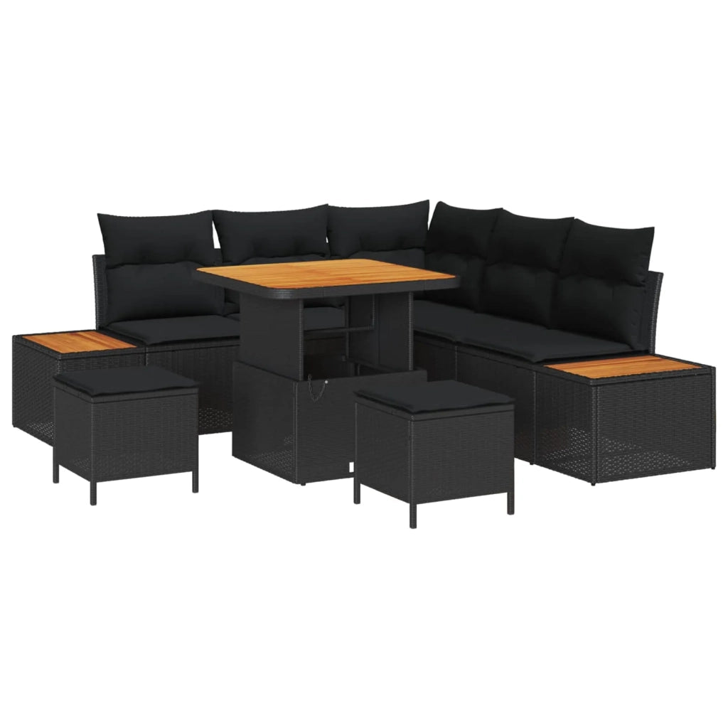 Set Divano da Giardino con cuscino 8 pcs Nero Poly Rattan