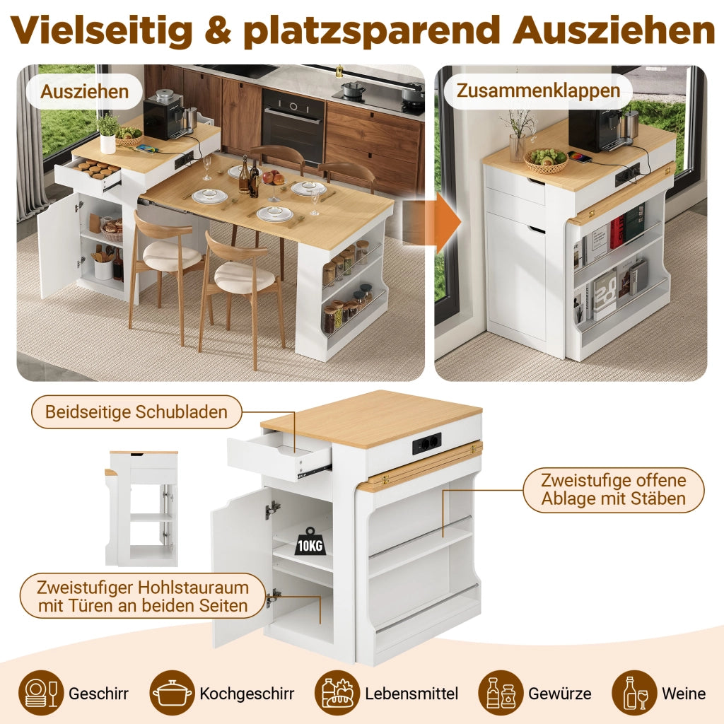 Tavolo allungabile con ruote e prese integrate mobile contenitore con due cassetti per cucina e sala da pranzo