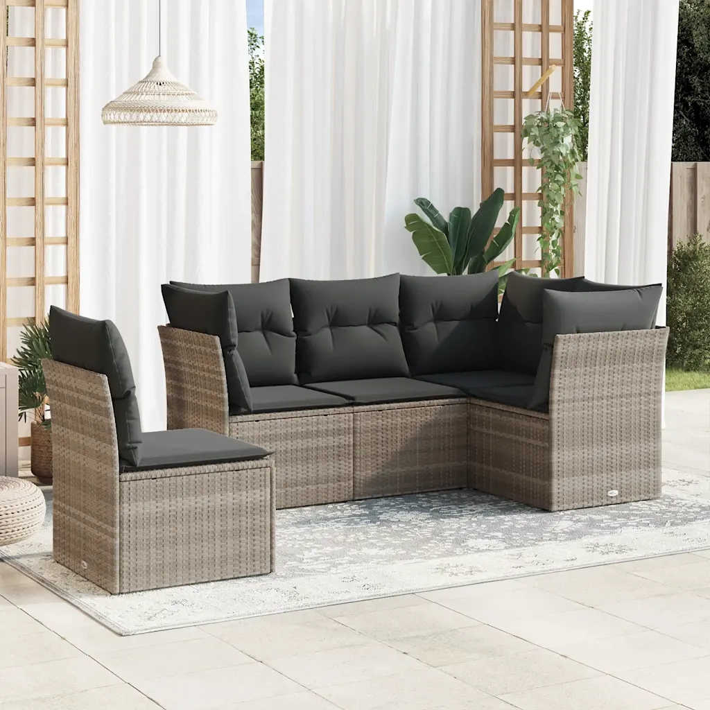 Set Divano da Giardino 5pz con Cuscini-Sofa da Giardino-Divanetto da esterno Grigio Chiaro Polyrattan 349433