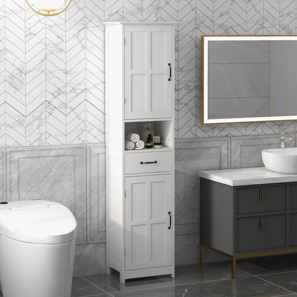 Mobile Colonna Bagno 40x30x164 cm con Mensola Aperta Cassetto e 2 Armadietti in Legno Bianco