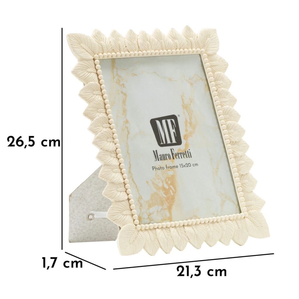 Cornice portafoto Light Leaf in resina crema con foglie 15x20