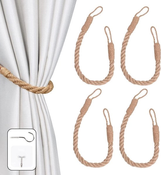 Decoratori per tende a mano - maniglie per tende artigianali - 4 pezzi - kaki - con corda di canapa