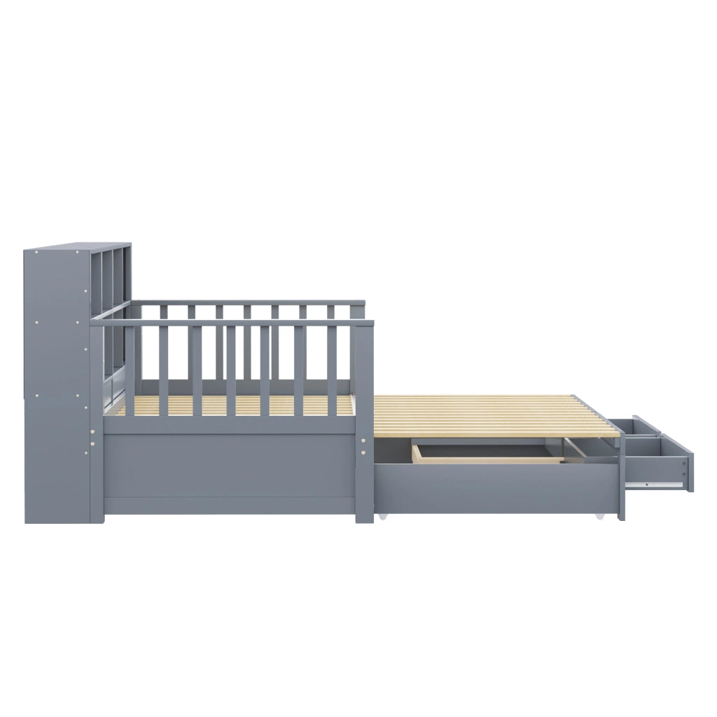DESMIU Divano letto 90 × 190 cm 1 posto con prese, ripiani e 2 cassetti, 180 × 190 cm senza materasso, legno grigio