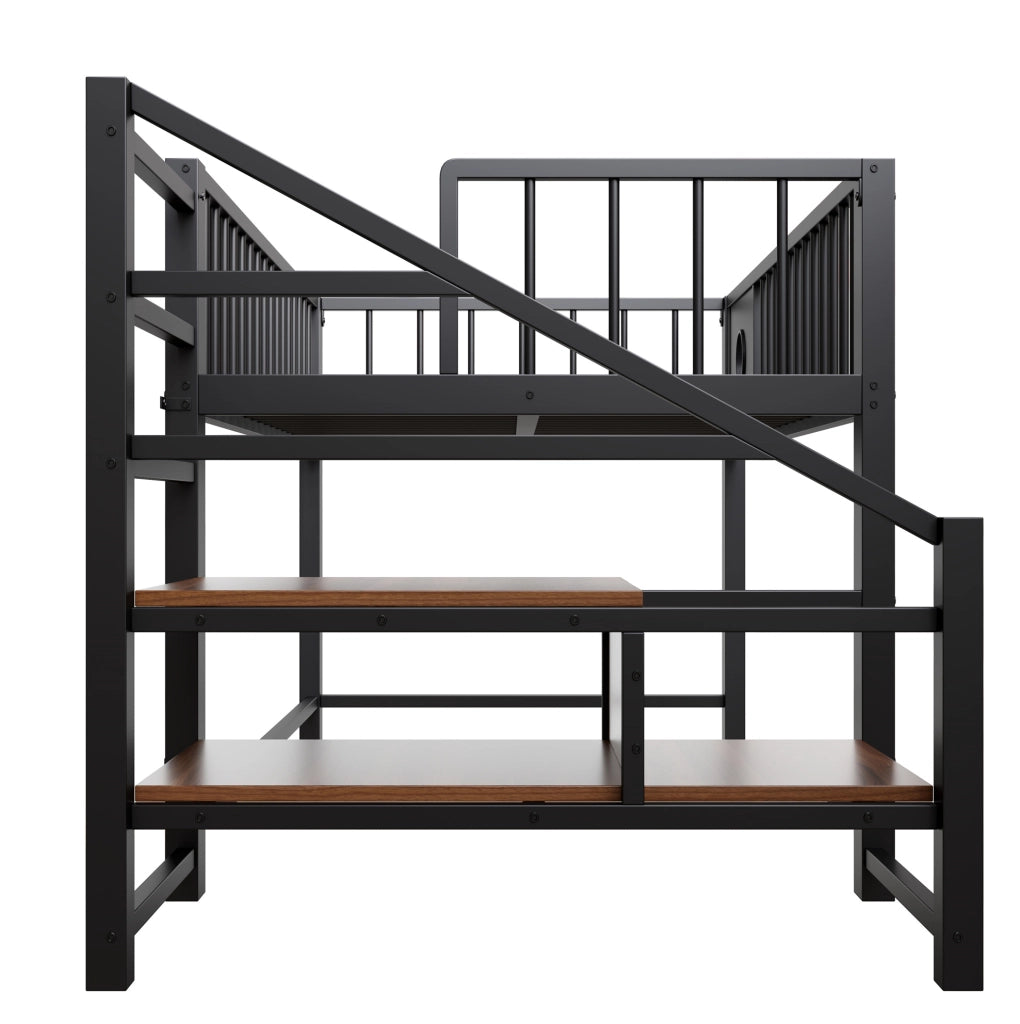 Letto a soppalco basso 90 x 200 cm in metallo con scaletta contenitore; nero
