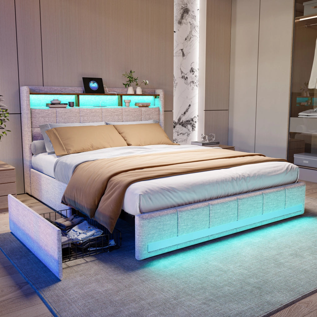 Letto con contenitori estraibili laterali e LED; legno massello e MDF; beige