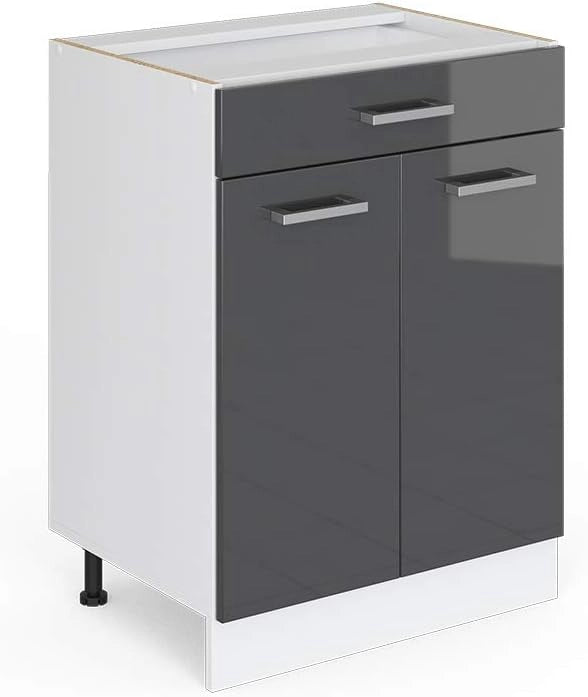 Mobiletto base per cucina R-Line, Antracite lucido, 60 cm con cassetto, senza piano di lavoro, per la libera combinazione all'interno di sistemi cucina modulari