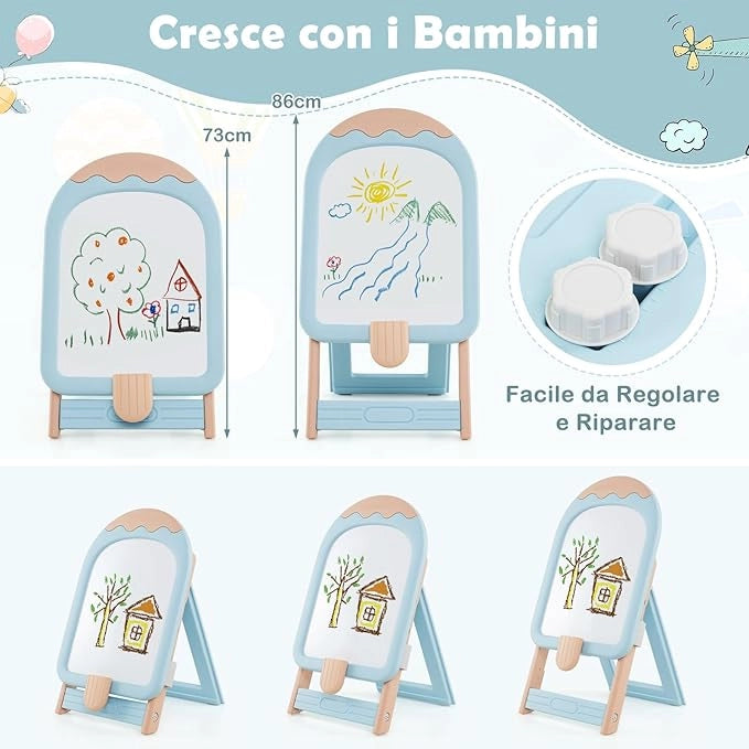 Lavagna Cancellabile con Sedia per Bambini, Set Tavolo e Sedie per Bambini con Scatola Portaoggetti, Piedini Antiscivolo, Cancellino e Pennarelli, Cavalletto per Cameretta (Blu)