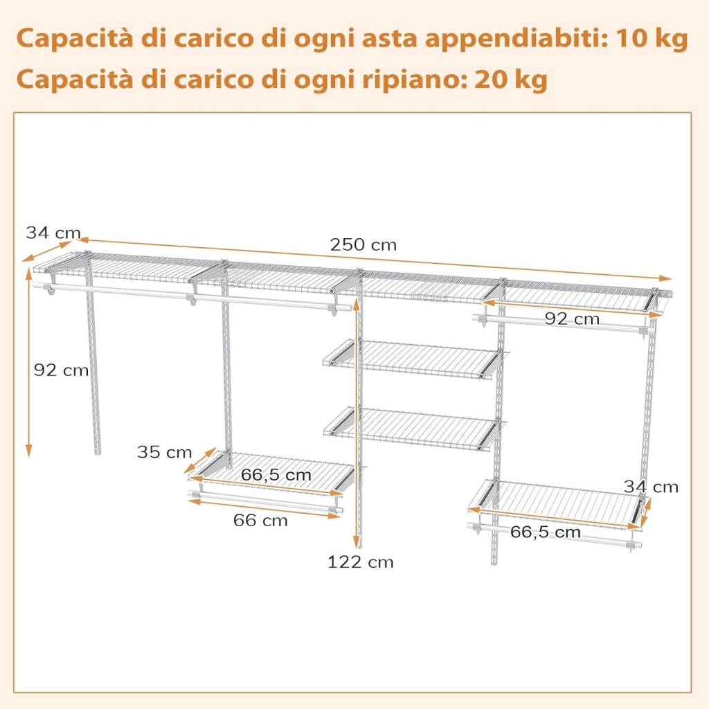Guardaroba Parete 122-244 CM, Sistema di Organizzazione Regolabile con Asta Pendente, Appendiabiti Metallica, Sistema di Organizzazione e Stoccaggio Armadi per Camera da Letto (Bianco)